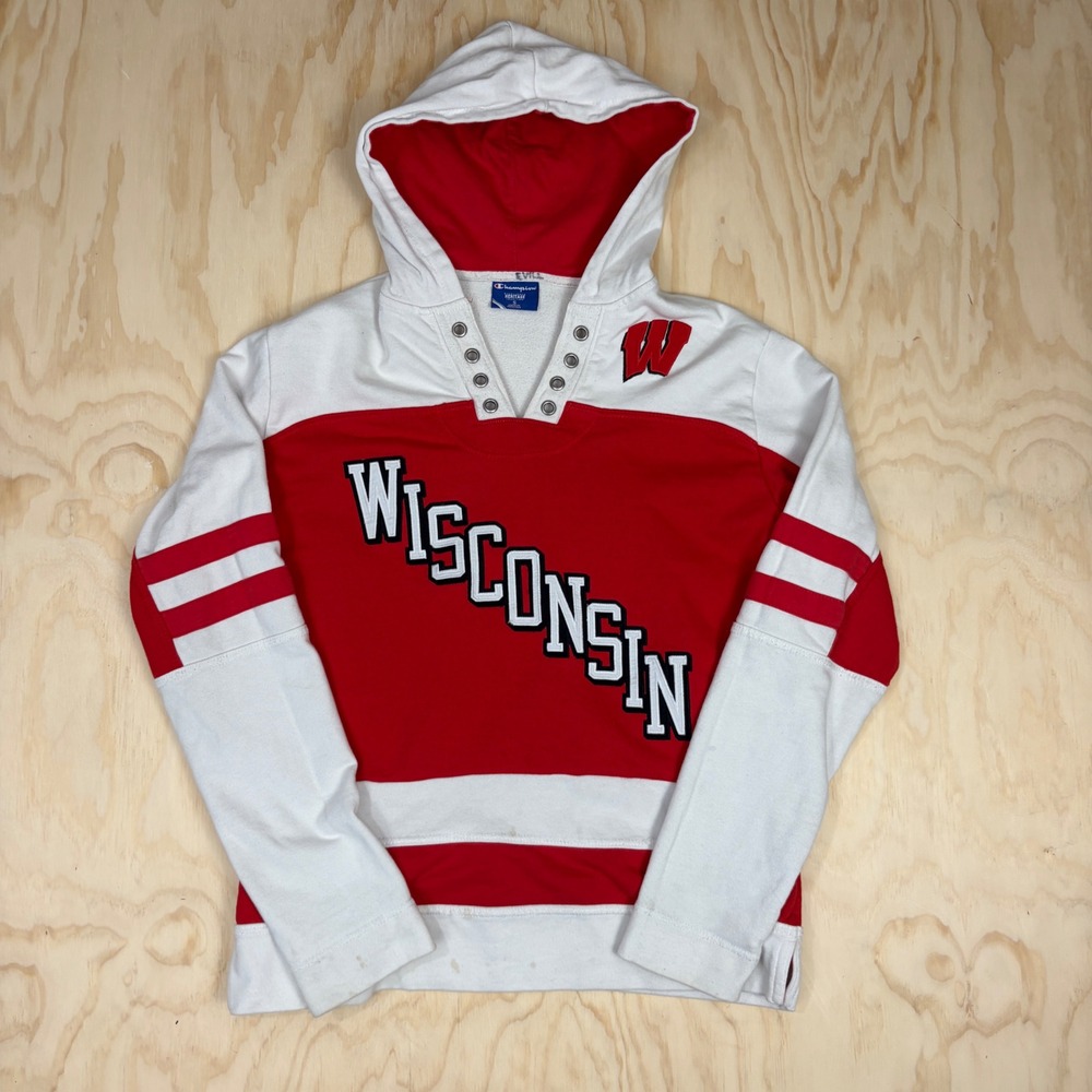 Champion Heritage Wisconsin Badgers Hoodie Red White Colorblock Mens Small